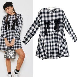 Lazy Oaf Buffalo Plaid Bow Front Long Sleeve Baby Doll Dress With Pockets